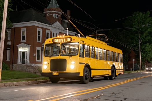 A yellow bus driving down the street at night photo