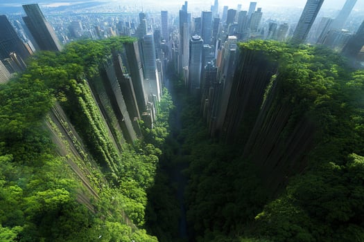 A city with tall buildings and trees in the middle of a forest photo