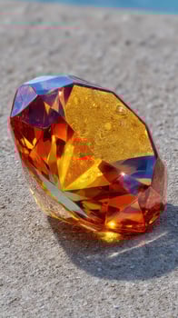 Colorful gemstone rests on a sandy surface near the water reflecting sunlight brilliantly photo