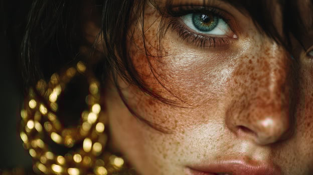 Close-up of a woman with striking features showcasing freckles and bold earrings while engaging in a thoughtful moment indoors photo