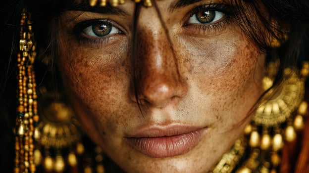 Close-up of a woman showcasing intricate jewelry and natural beauty with striking freckles in warm, soft lighting photo