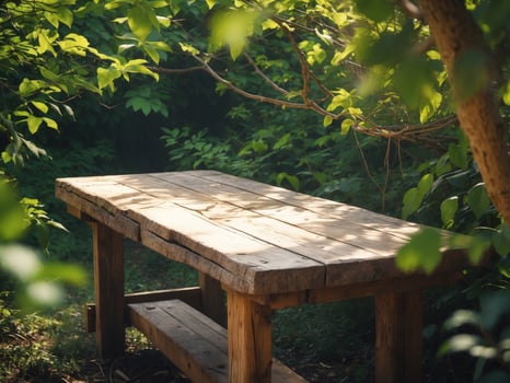 Rustic Wooden Picnic Table Amidst Lush Greenery, Bathed in Sunlight, a Serene Outdoor Scene. photo