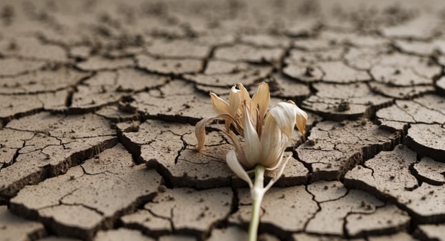 A single flower is sitting on the cracked ground photo