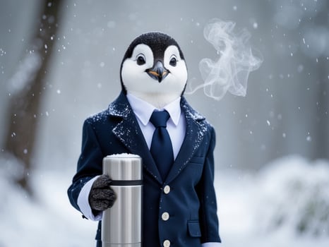 A penguin dressed in a suit and tie holding a coffee mug photo