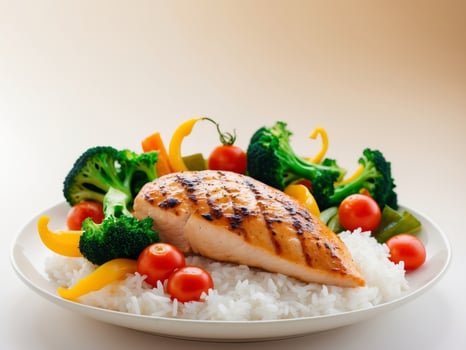 Grilled chicken breast with vegetables and rice on white plate photo