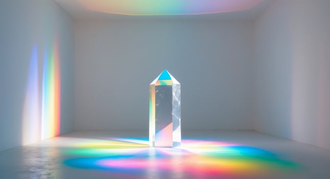 A rainbow colored light shines on a crystal photo