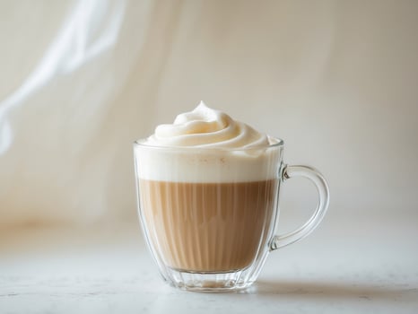Glass Mug of Coffee with Cream Topping, Minimalist Coffee, Delicious and Creamy photo