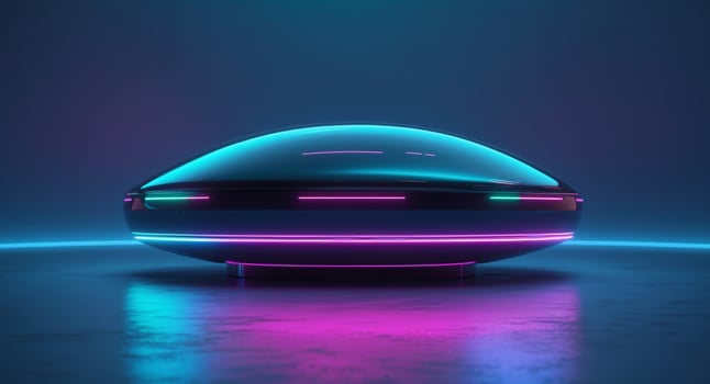 Futuristic Neon Pod, Glowing with Pink and Blue Lights on Reflective Surface. photo