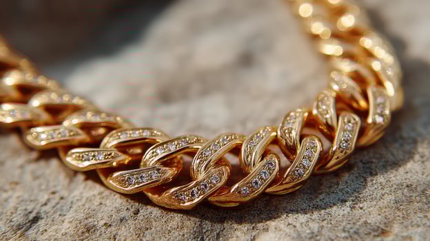 Elegant gold chain featuring sparkling diamonds set against a textured stone background in bright natural light photo