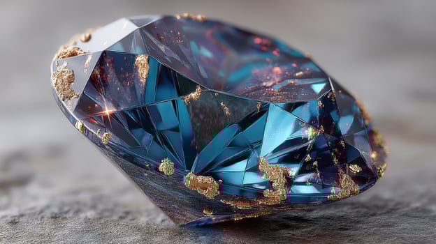 Stunning blue gem with intricate facets reflecting light in a close-up view on a textured surface photo