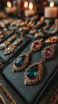 Elegant earrings showcased at a jewelry display in a dimly lit boutique during the evening hours photo