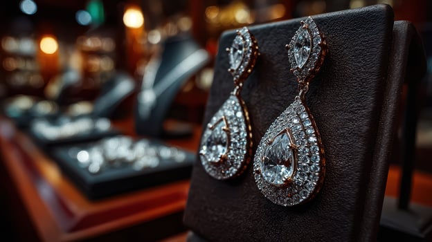 Elegant diamond earrings displayed prominently in a jewelry store during evening hours photo