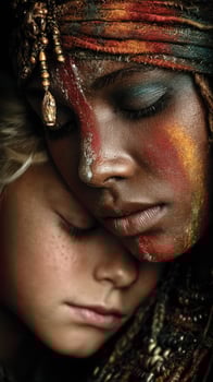 Emotional bond between a woman and child during a cultural celebration with vibrant face paint photo