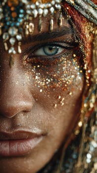 Portrait of a person adorned with glitter and dramatic makeup in a vibrant festival setting during daylight hours photo