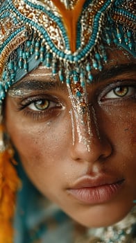 Stunning close-up portrait of a woman adorned with intricate jewelry and vibrant makeup during a cultural festival celebration photo