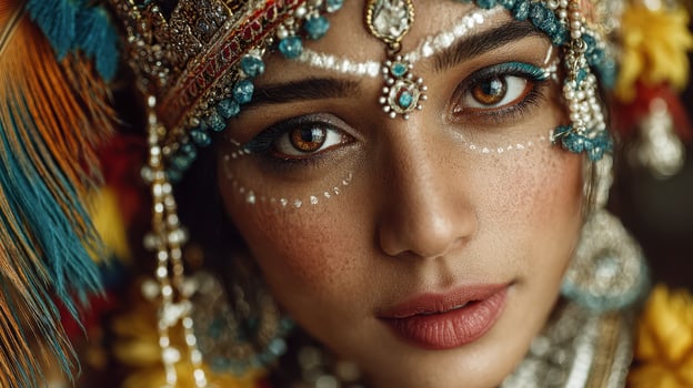 Intricate traditional dance costume showcases vibrant colors and detailed jewelry at a cultural festival in daylight photo
