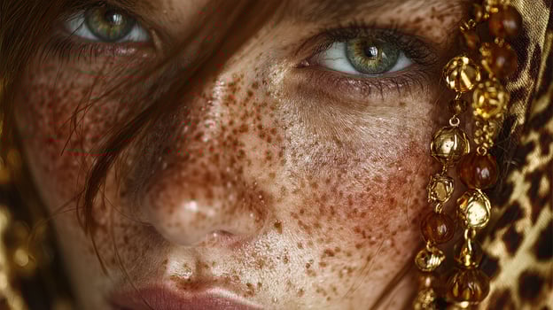 Portrait of a woman with freckles wearing a patterned headscarf and golden accessories in natural light photo