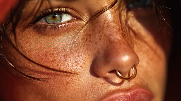 Close-up of woman's face highlighting freckles and piercing in natural light during golden hour photo