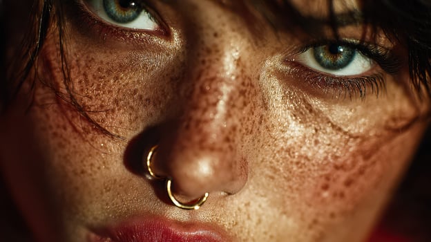 Close-up of a young woman's striking features highlighting blue eyes and freckles captured in soft light photo