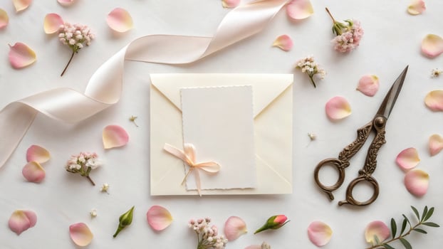 Romantic wedding invitation with ribbon and flowers on white background. photo