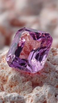 Stunning purple gemstone rests gracefully on textured coral surface under soft lighting photo