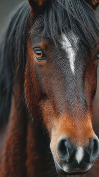 Close-up view of a horse showcasing its expressive eye and detailed fur during a calm moment in nature photo