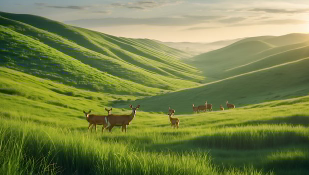 Deer Herd Grazes in Lush Green Valley Under Bright Sunlight photo