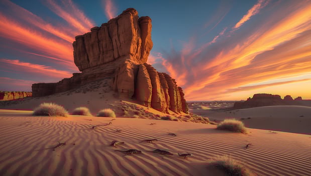 Sand Dune Landscape with Rock Formation and Colorful Sunset Sky photo
