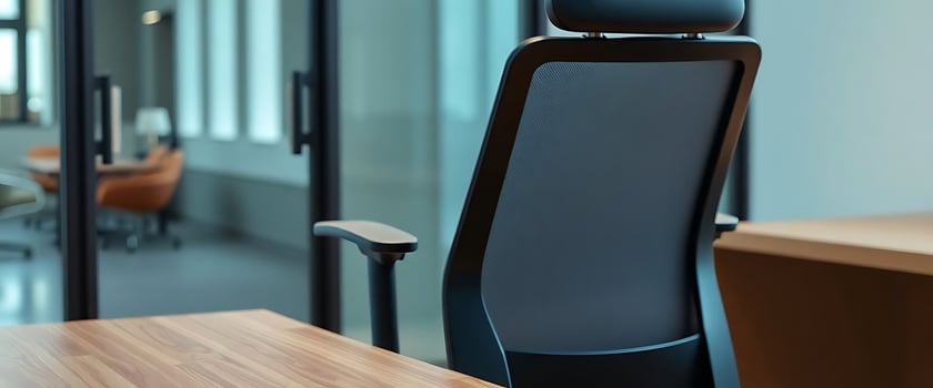 wooden table with a black office chair photo