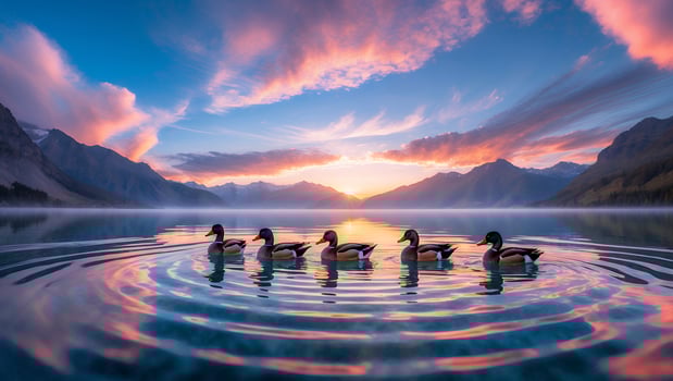 Ducks Swimming on Lake at Sunrise with Mountain Backdrop photo