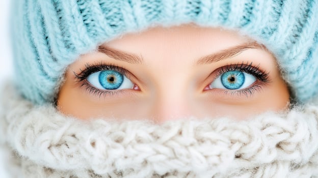 Close up of blue eyed individual wearing knitted hat and scarf, attire winter skincare and warmth. Focus on eyes and cozy highlighting photo
