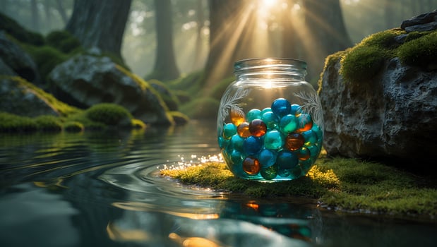Glass Jar of Marbles by Pond in Forest with Sunlight photo