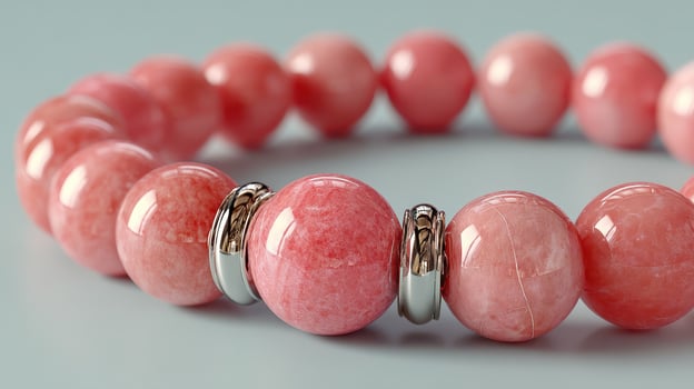 Beautiful pink gemstone bracelet featuring polished beads and metallic accents on a light background photo