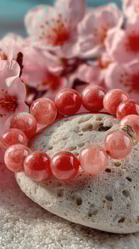 Beautiful coral gemstone bracelet displayed on a textured stone amidst blooming pink flowers in a serene setting photo