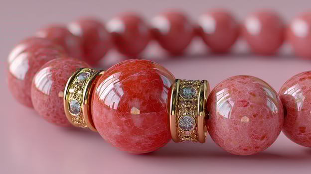 Stunning red gemstone bracelet with gold accents displayed on soft pink background photo