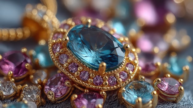 Exquisite jewelry piece adorned with colorful gemstones displayed artistically on a luxurious fabric background photo