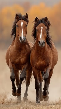 Horses run freely in an open field during autumn with trees in the background photo