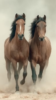 Two majestic horses run freely through a dusty landscape showcasing their strength and beauty during golden hour light photo