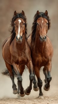 Majestic brown horses gallop in unison across an open field during a golden hour sunset photo