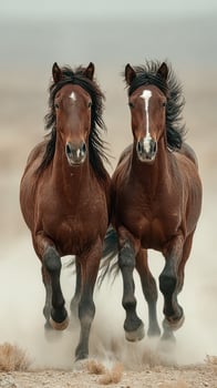 Horses running together in a dusty landscape at sunset, showcasing their strength and grace in nature's beauty photo
