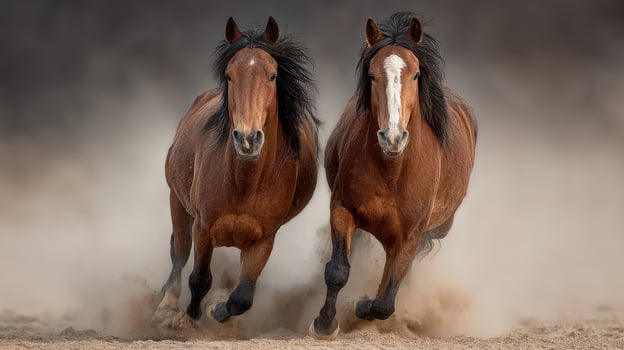 Horses running through the dust at sunset in a scenic outdoor landscape in the countryside photo