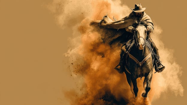 Cowboy riding horse through dust in western landscape during sunset photo