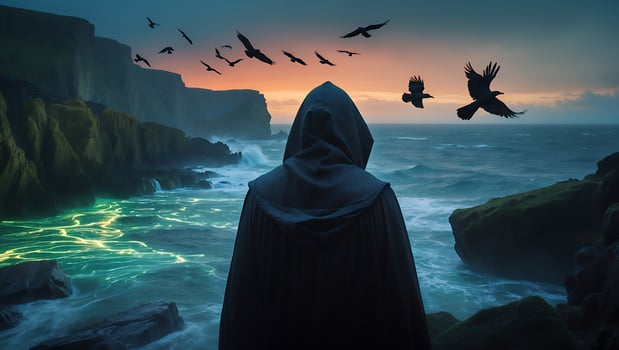 Person Cloaked at Ocean Edge Watching Birds Flying at Sunset photo