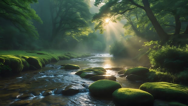 Stream Flowing Through Lush Green Forest with Sun Rays Bursting Through photo