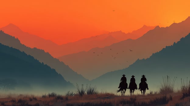 Cowboys riding into the sunset against a backdrop of mountains and a colorful sky photo