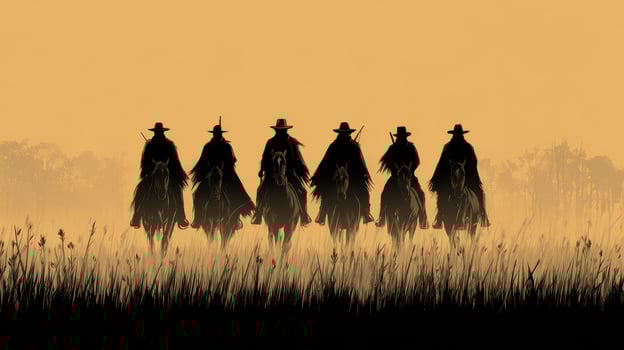 Group of six cowboys riding horses against a sunset background in a vast open field photo