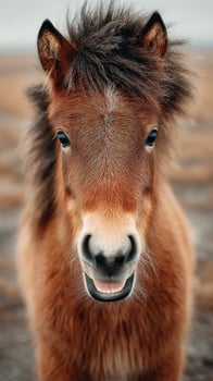 Miniature pony smiles warmly on a cloudy day at seaside location with sandy background photo