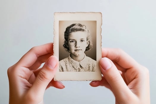 A person holding an old photo of a girl