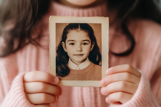 A young girl holding up a photo of herself