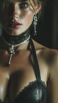 Elegant fashion portrait showcasing intricate jewelry and lace attire in a dimly lit setting photo